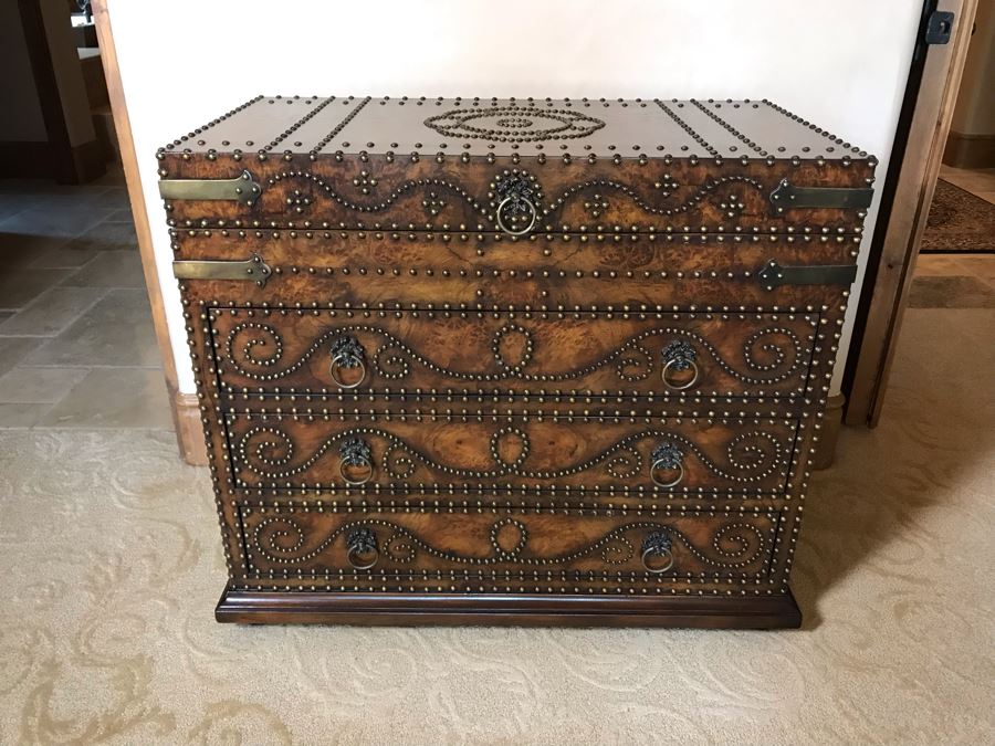 Monarch Fine Furniture For Century Impressive Courier's Chest Soft Antique Finished Hickory Burl Lidded And Drawer Chest Heavily Studded With Brass Nailheads 40W X 20D X 32H Retails $2,760 [Photo 3]