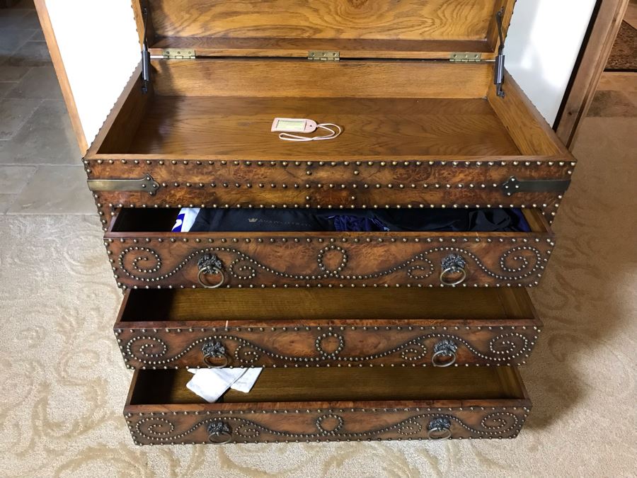 Monarch Fine Furniture For Century Impressive Courier's Chest Soft Antique Finished Hickory Burl Lidded And Drawer Chest Heavily Studded With Brass Nailheads 40W X 20D X 32H Retails $2,760 [Photo 2]