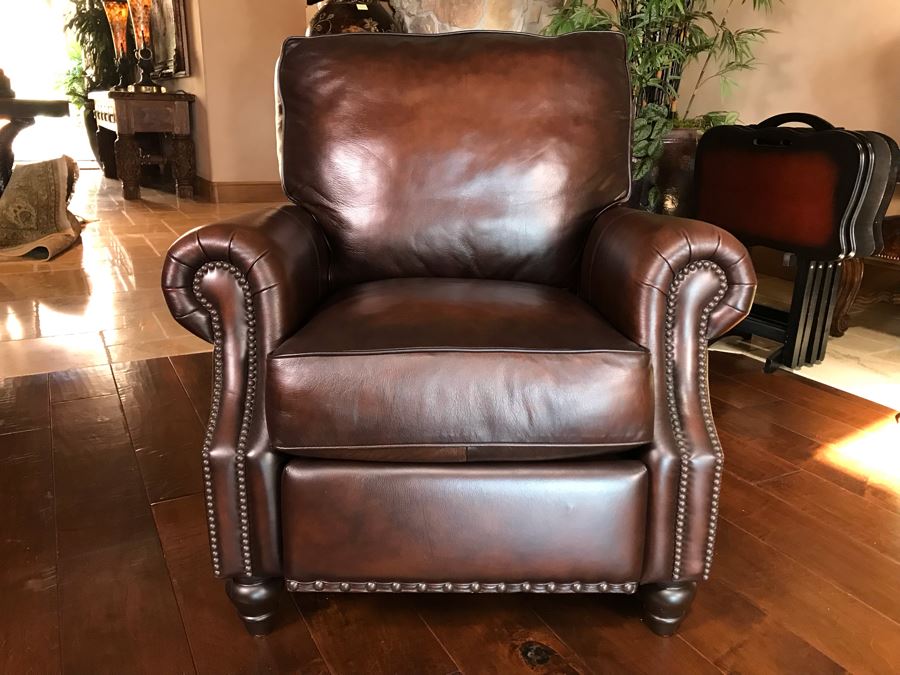 Bernhardt Furniture Leather Reclining Armchair With Brass Nailheads 36W X 36D X 40H Retails $1,110 [Photo 4]