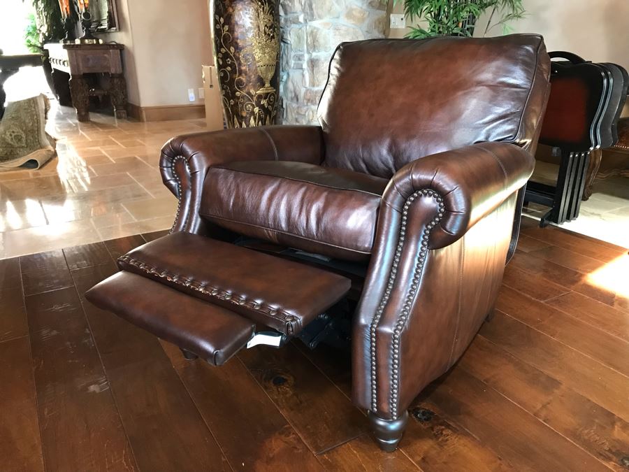 Bernhardt Furniture Leather Reclining Armchair With Brass Nailheads 36W X 36D X 40H Retails $1,110 [Photo 3]