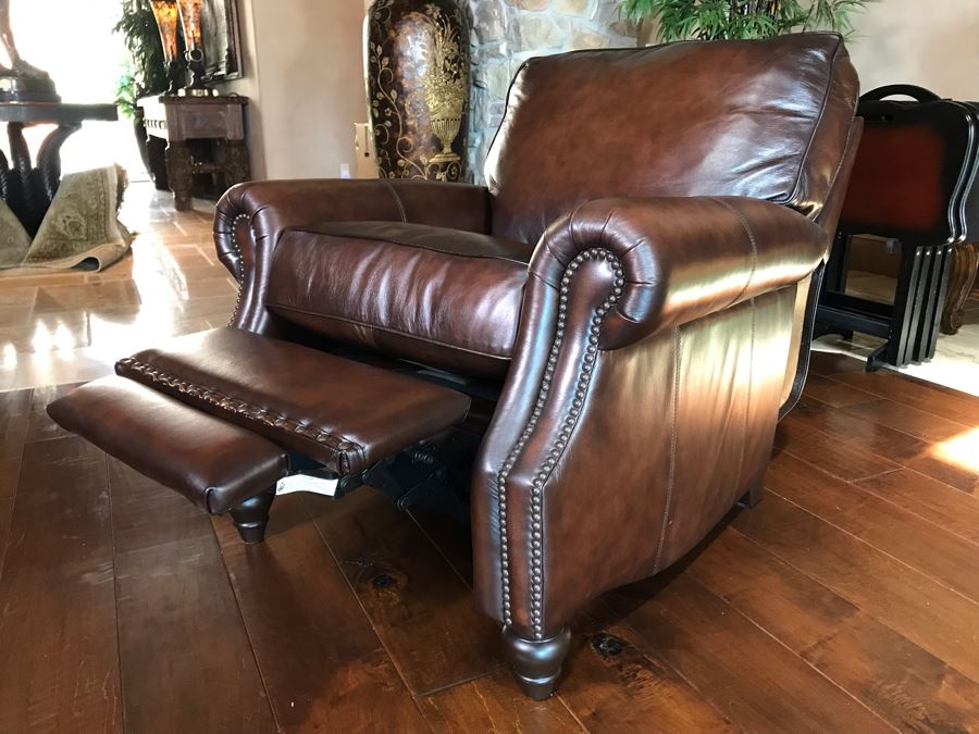 Bernhardt Furniture Leather Reclining Armchair With Brass Nailheads 36W X 36D X 40H Retails $1,110 [Photo 8]