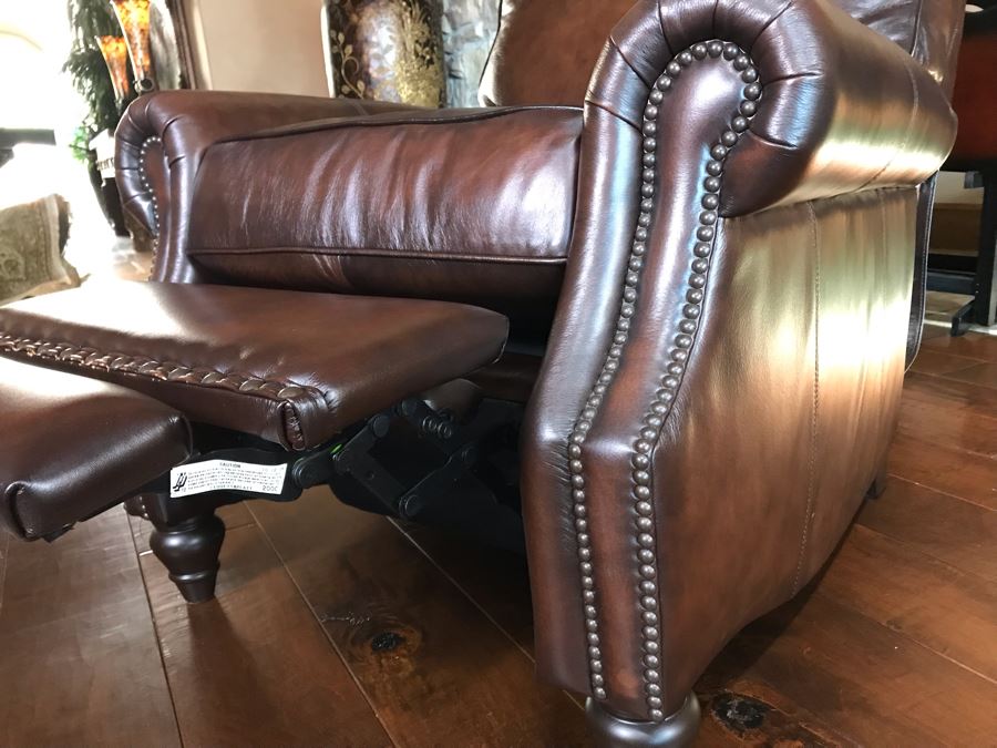 Bernhardt Furniture Leather Reclining Armchair With Brass Nailheads 36W X 36D X 40H Retails $1,110 [Photo 9]