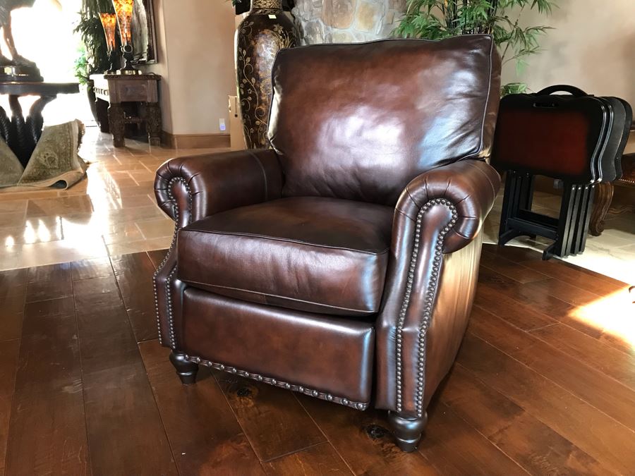 Bernhardt Furniture Leather Reclining Armchair With Brass Nailheads 36W X 36D X 40H Retails $1,110 [Photo 1]