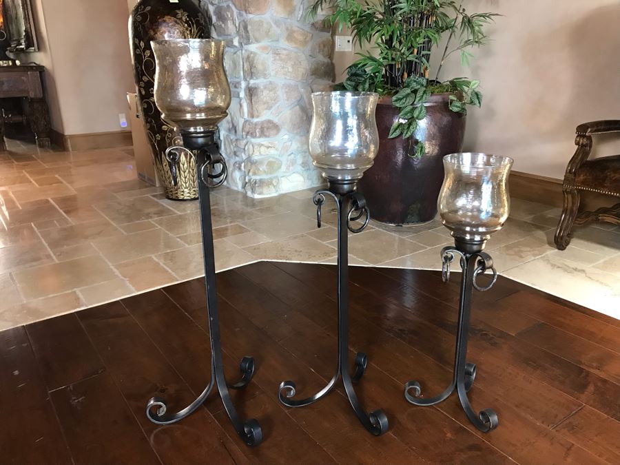 Set Of Three Graduated Metal And Glass Floor Candle Holders Tallest 40H, Smallest 28H