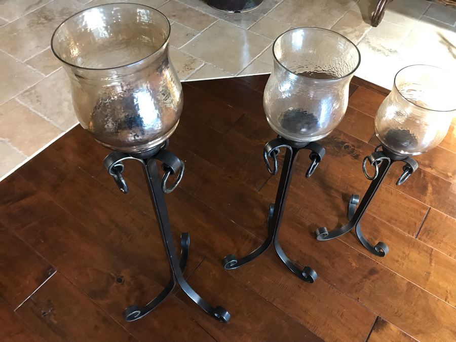 Set Of Three Graduated Metal And Glass Floor Candle Holders Tallest 40H, Smallest 28H [Photo 4]