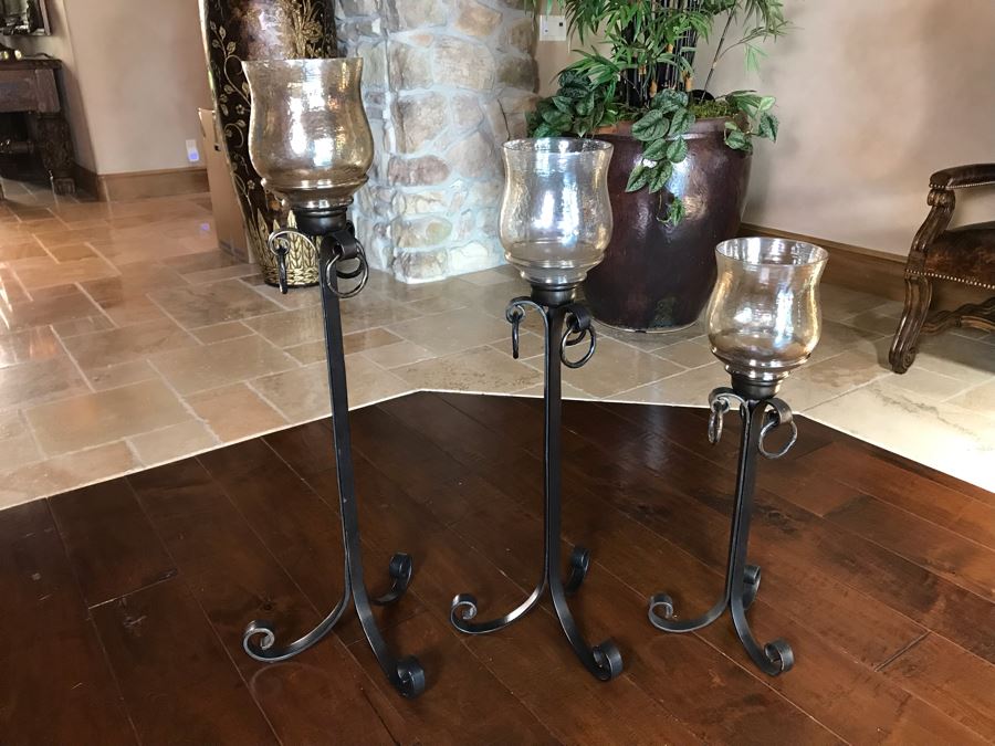 Set Of Three Graduated Metal And Glass Floor Candle Holders Tallest 40H, Smallest 28H [Photo 2]