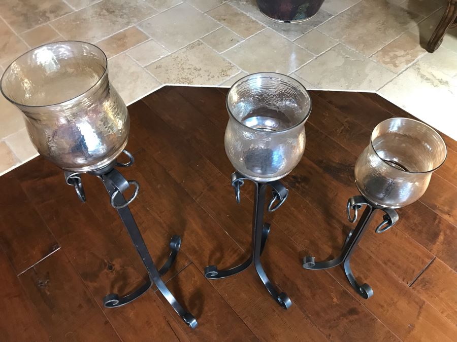 Set Of Three Graduated Metal And Glass Floor Candle Holders Tallest 40h Smallest 28h 5678