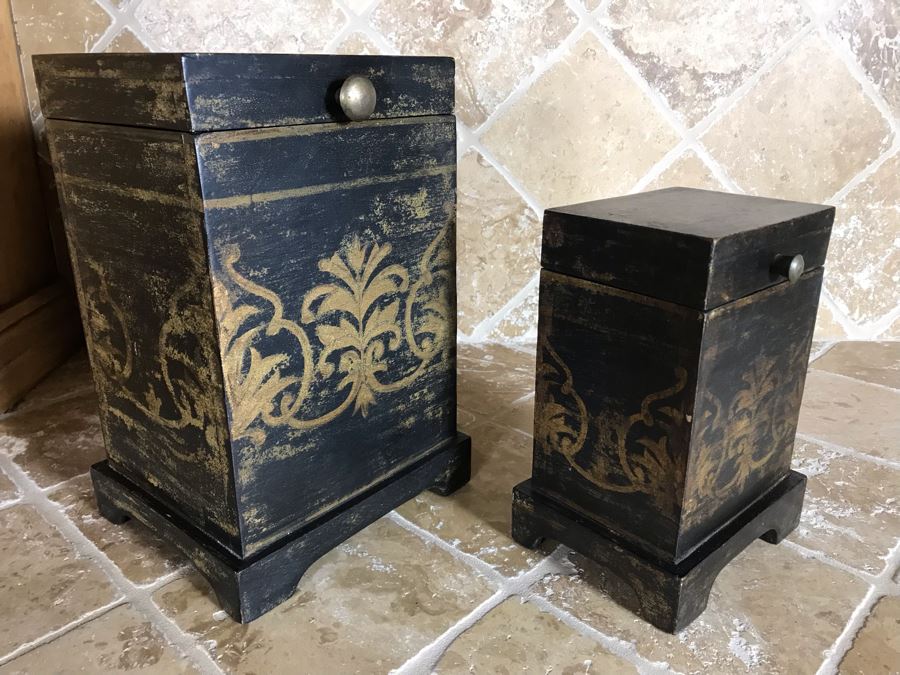 Pair Of Wooden Hinged Painted Boxes (Large Is 8W X 7D X 11.5H) Retails $110 [Photo 4]
