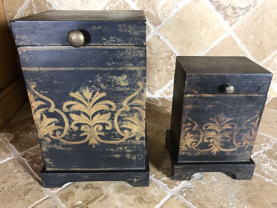 Pair Of Wooden Hinged Painted Boxes (Large Is 8W X 7D X 11.5H) Retails $110