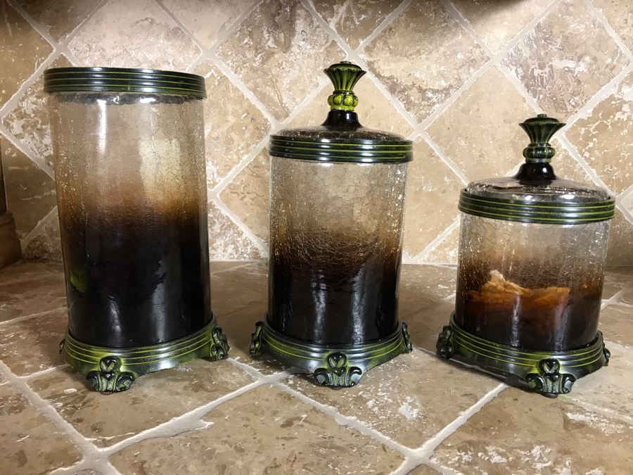 Uttermost Crackled Glass Metal Footed Jars (Two With Lids) Large Is 10H, Small Is 9H [Photo 2]