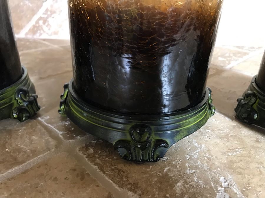 Uttermost Crackled Glass Metal Footed Jars (Two With Lids) Large Is 10H, Small Is 9H [Photo 8]