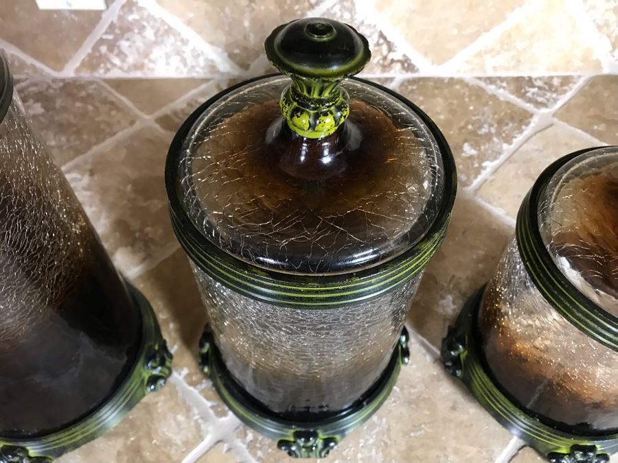 Uttermost Crackled Glass Metal Footed Jars (Two With Lids) Large Is 10H, Small Is 9H [Photo 5]