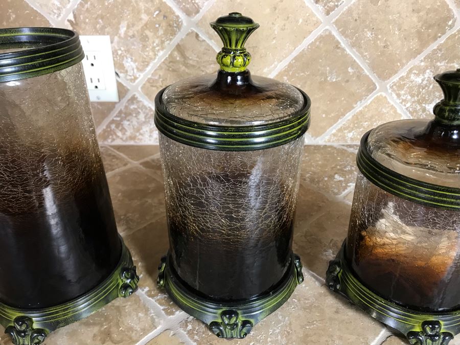 Uttermost Crackled Glass Metal Footed Jars (Two With Lids) Large Is 10H, Small Is 9H [Photo 4]