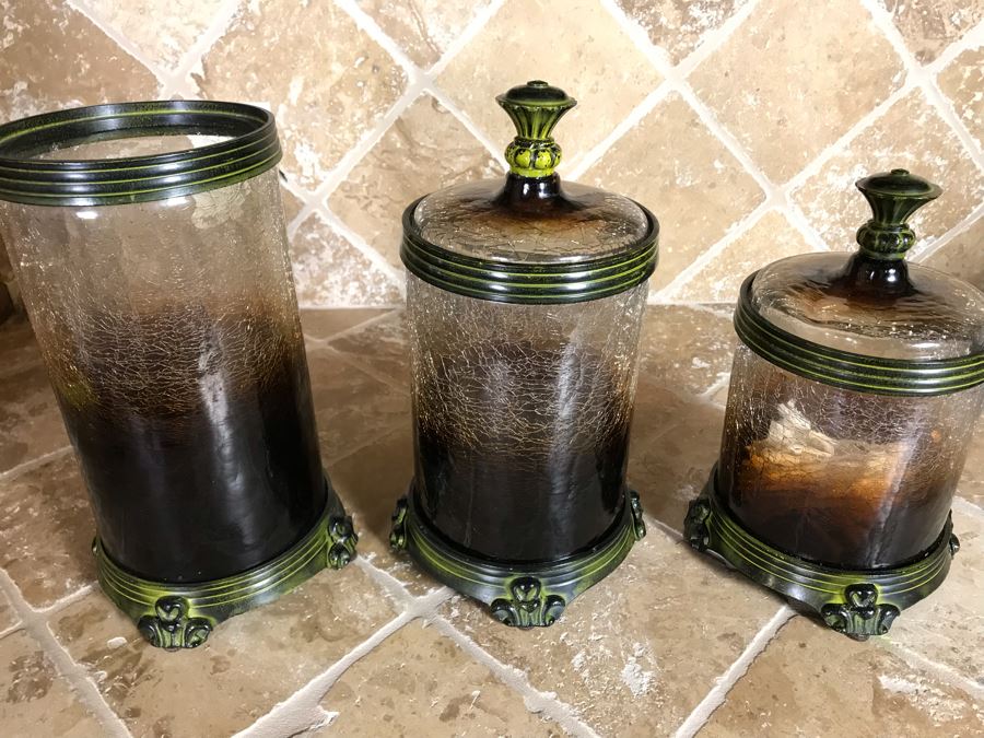 Uttermost Crackled Glass Metal Footed Jars (Two With Lids) Large Is 10H, Small Is 9H [Photo 3]