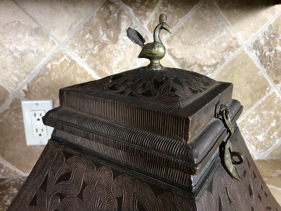Copper And Brass Decorative Hinged Box With Peacock Finial From Ronita Smith Collection 16W X 16D X 15H Retails $199 [Photo 6]