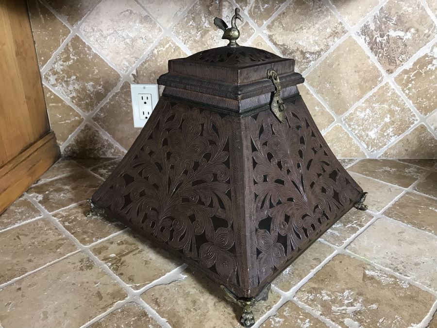 Copper And Brass Decorative Hinged Box With Peacock Finial From Ronita Smith Collection 16W X 16D X 15H Retails $199 [Photo 1]