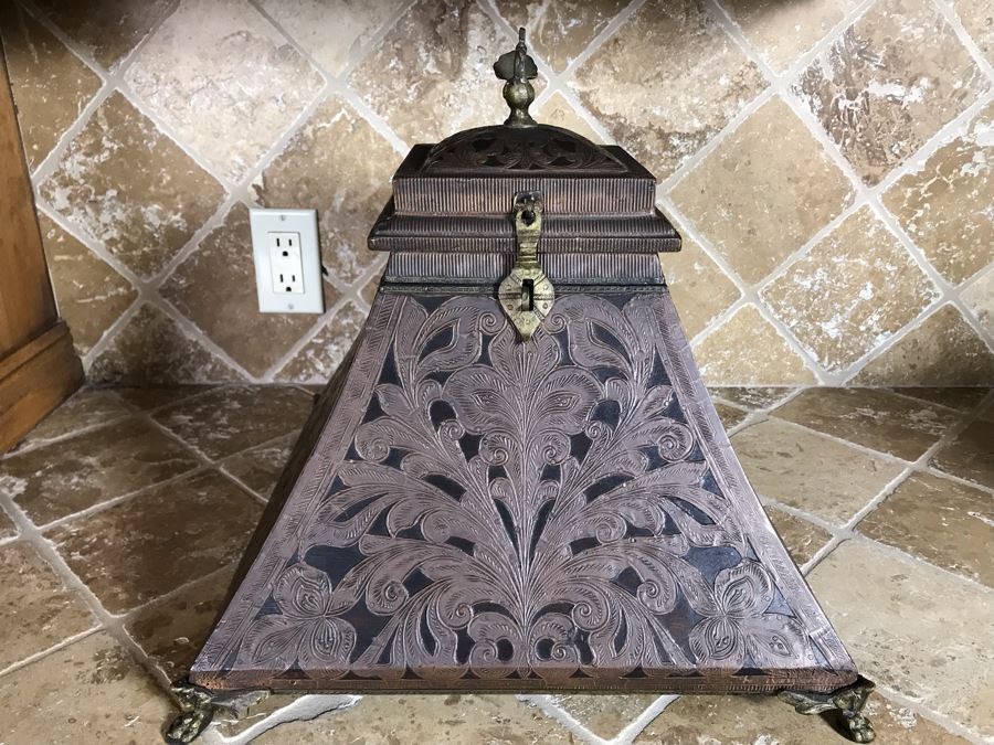 Copper And Brass Decorative Hinged Box With Peacock Finial From Ronita Smith Collection 16W X 16D X 15H Retails $199 [Photo 2]