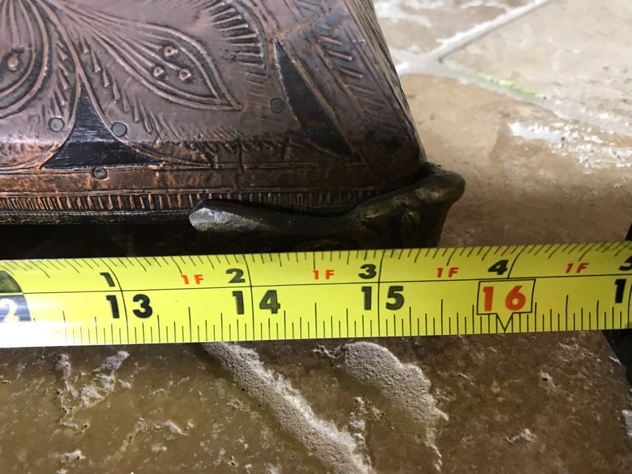 Copper And Brass Decorative Hinged Box With Peacock Finial From Ronita Smith Collection 16W X 16D X 15H Retails $199 [Photo 14]