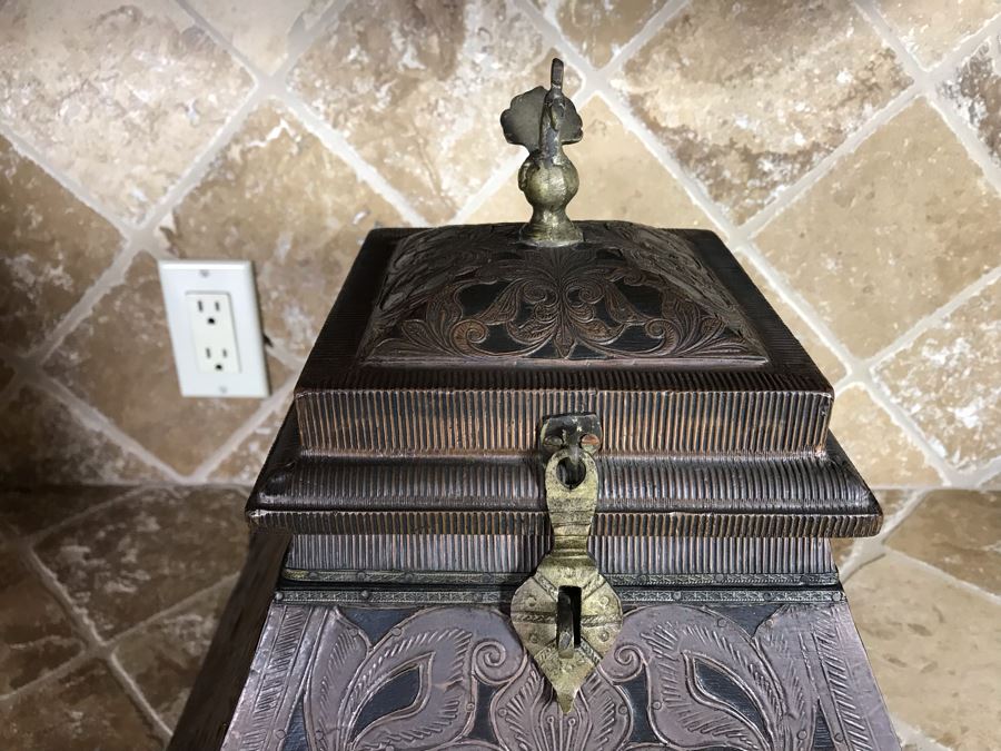 Copper And Brass Decorative Hinged Box With Peacock Finial From Ronita Smith Collection 16W X 16D X 15H Retails $199 [Photo 4]
