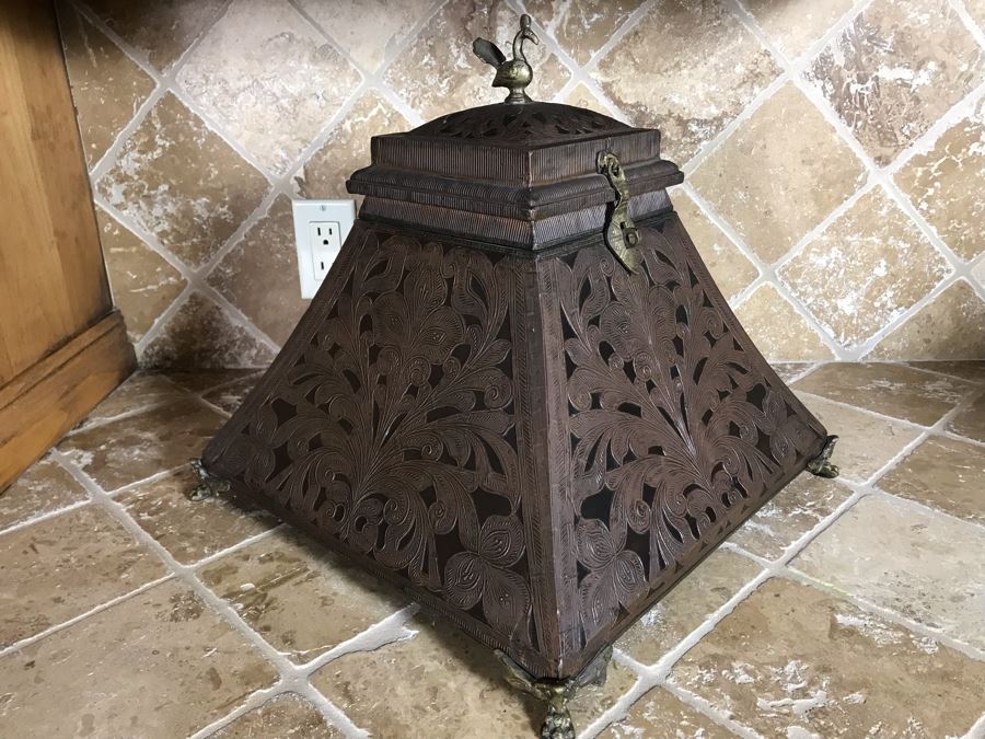 Copper And Brass Decorative Hinged Box With Peacock Finial From Ronita Smith Collection 16W X 16D X 15H Retails $199 [Photo 5]