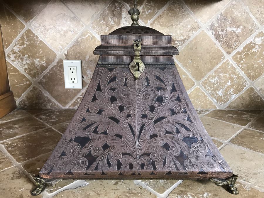 Copper And Brass Decorative Hinged Box With Peacock Finial From Ronita Smith Collection 16W X 16D X 15H Retails $199 [Photo 3]