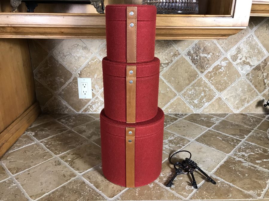 Set Of Three Pomegranate Felt Nesting Boxes By Lazy Susan (8H, 7H, 5.5H) Retails $230 Plus Decorative Skeleton Keys On Ring [Photo 1]