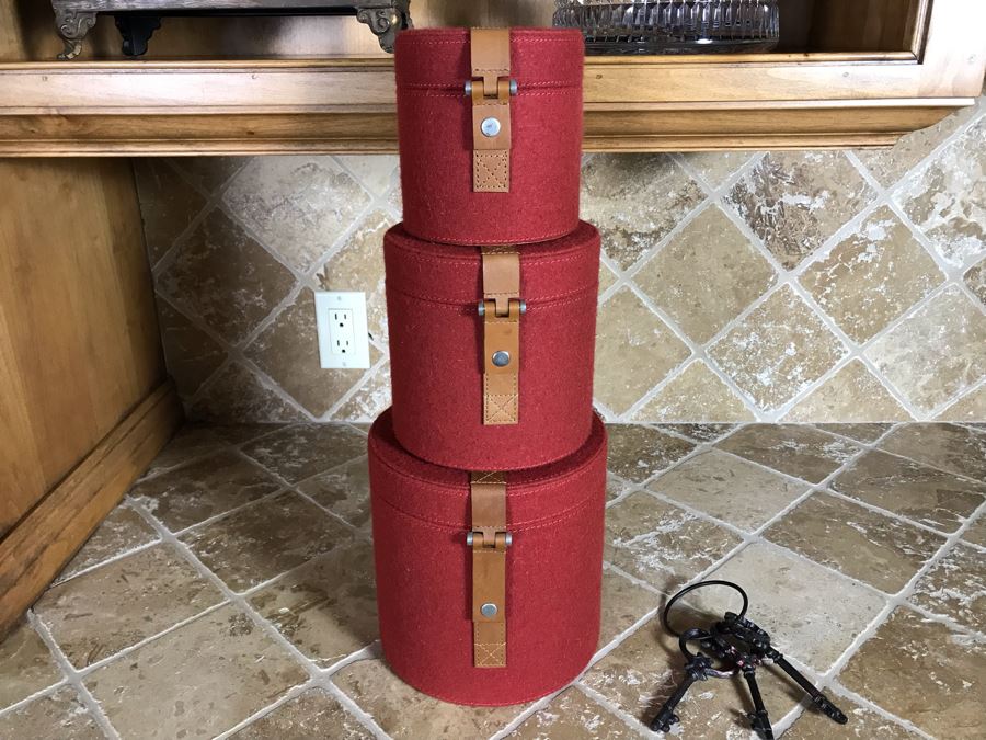 Set Of Three Pomegranate Felt Nesting Boxes By Lazy Susan (8H, 7H, 5.5H) Retails $230 Plus Decorative Skeleton Keys On Ring [Photo 5]