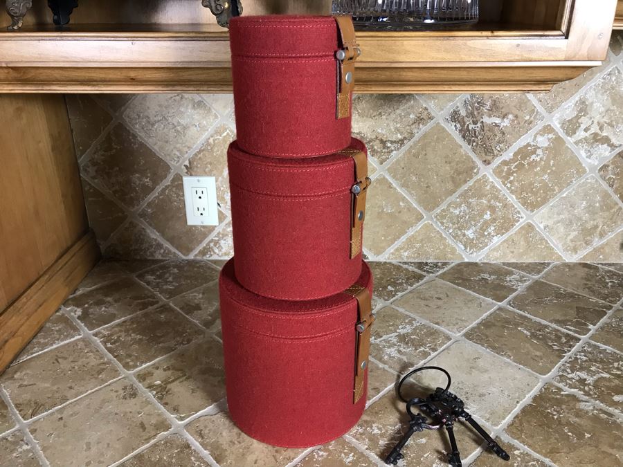 Set Of Three Pomegranate Felt Nesting Boxes By Lazy Susan (8H, 7H, 5.5H) Retails $230 Plus Decorative Skeleton Keys On Ring [Photo 4]