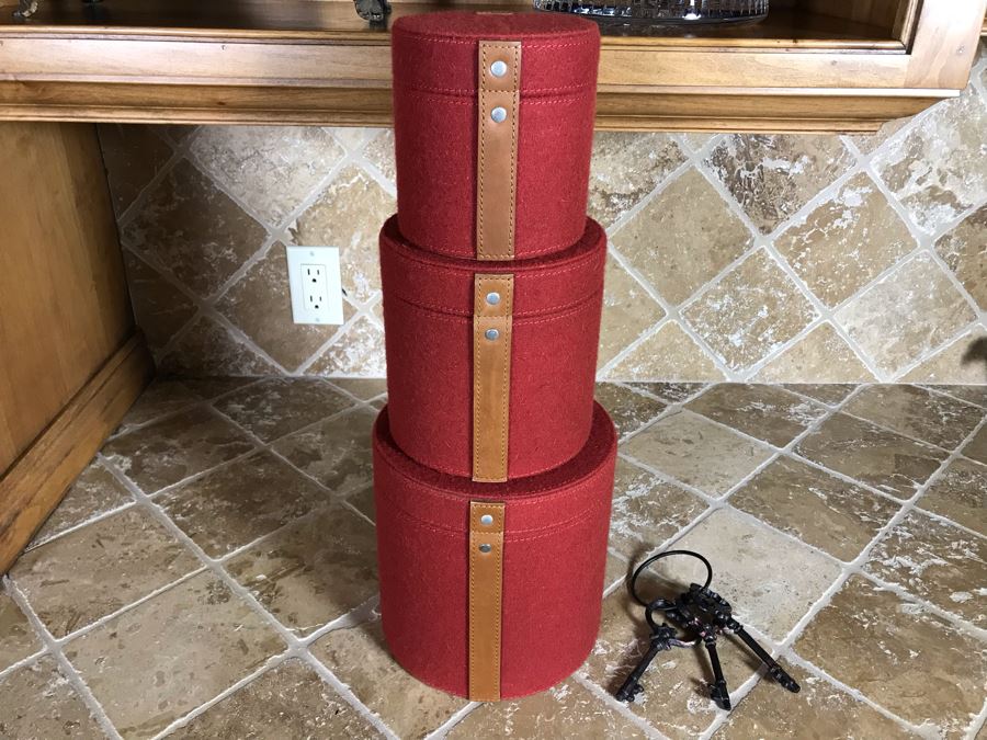 Set Of Three Pomegranate Felt Nesting Boxes By Lazy Susan (8H, 7H, 5.5H) Retails $230 Plus Decorative Skeleton Keys On Ring [Photo 2]