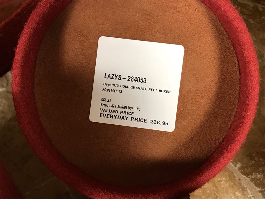 Set Of Three Pomegranate Felt Nesting Boxes By Lazy Susan (8H, 7H, 5.5H) Retails $230 Plus Decorative Skeleton Keys On Ring [Photo 10]