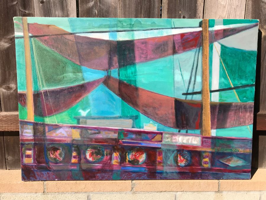 Original Jean Klafs Abstract Expressionist Painting On Canvas Titled 'Chinese Junk' 29 X 42