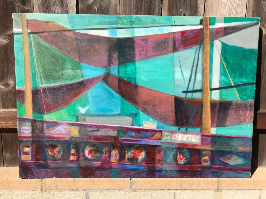 Original Jean Klafs Abstract Expressionist Painting On Canvas Titled 'Chinese Junk' 29 X 42 [Photo 2]