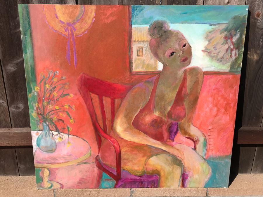 Original Jean Klafs Abstract Expressionist Painting On Canvas Titled 'Lady In Red' 36 X 40 [Photo 2]