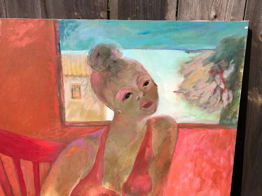 Original Jean Klafs Abstract Expressionist Painting On Canvas Titled 'Lady In Red' 36 X 40 [Photo 3]