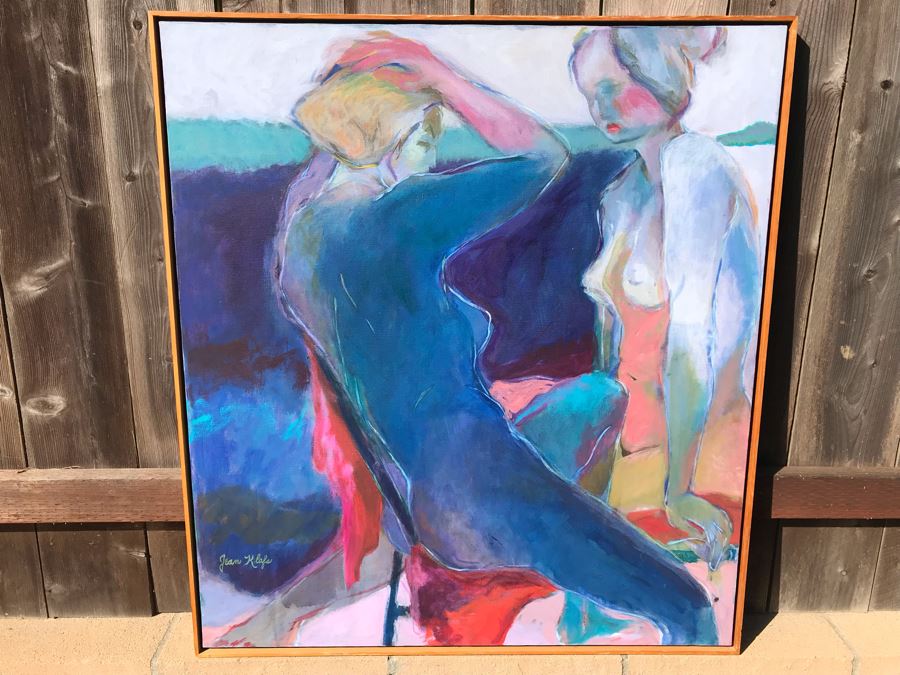 Original Jean Klafs Abstract Expressionist Framed Painting On Canvas Titled 'Blue Bathers' 41 X 37 [Photo 2]