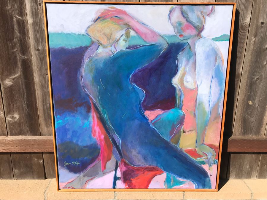 Original Jean Klafs Abstract Expressionist Framed Painting On Canvas Titled 'Blue Bathers' 41 X 37