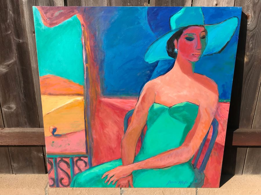 Original Jean Klafs Abstract Expressionist Painting On Canvas Titled 'Blue Hat' 36 X 36 [Photo 2]