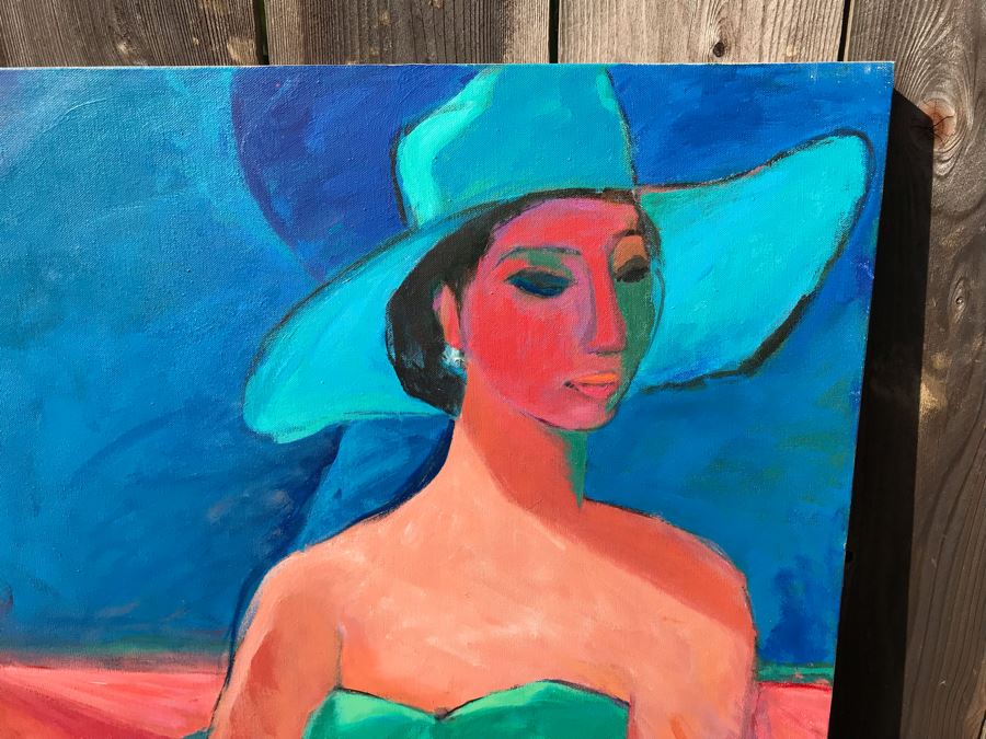 Original Jean Klafs Abstract Expressionist Painting On Canvas Titled 'Blue Hat' 36 X 36 [Photo 3]