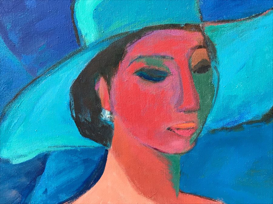 Original Jean Klafs Abstract Expressionist Painting On Canvas Titled 'Blue Hat' 36 X 36 [Photo 4]