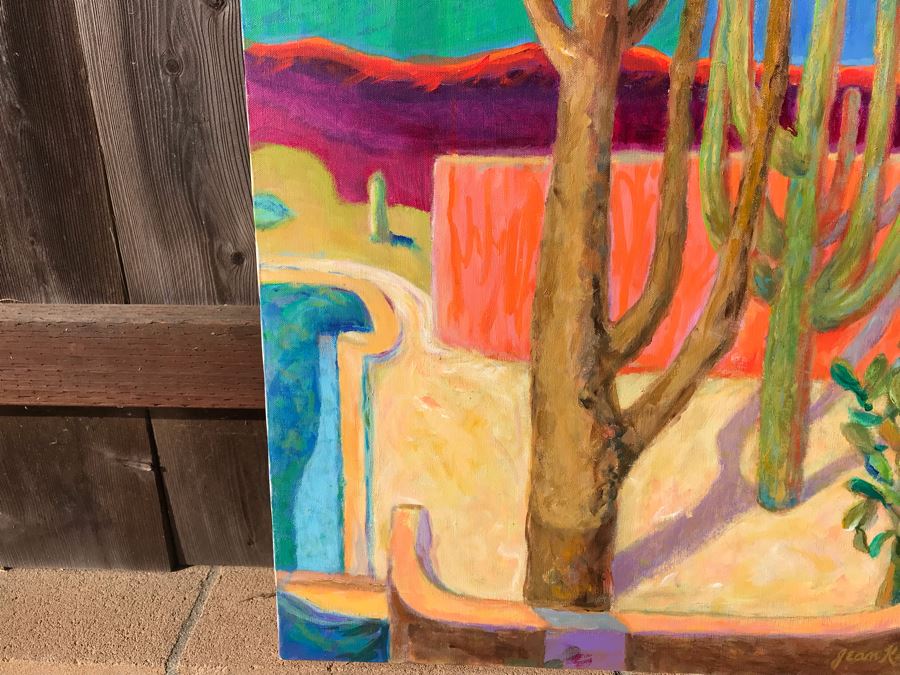 Original Jean Klafs Abstract Expressionist Painting On Canvas Arizon Desert Poolside Landscape 24 X 30 [Photo 5]