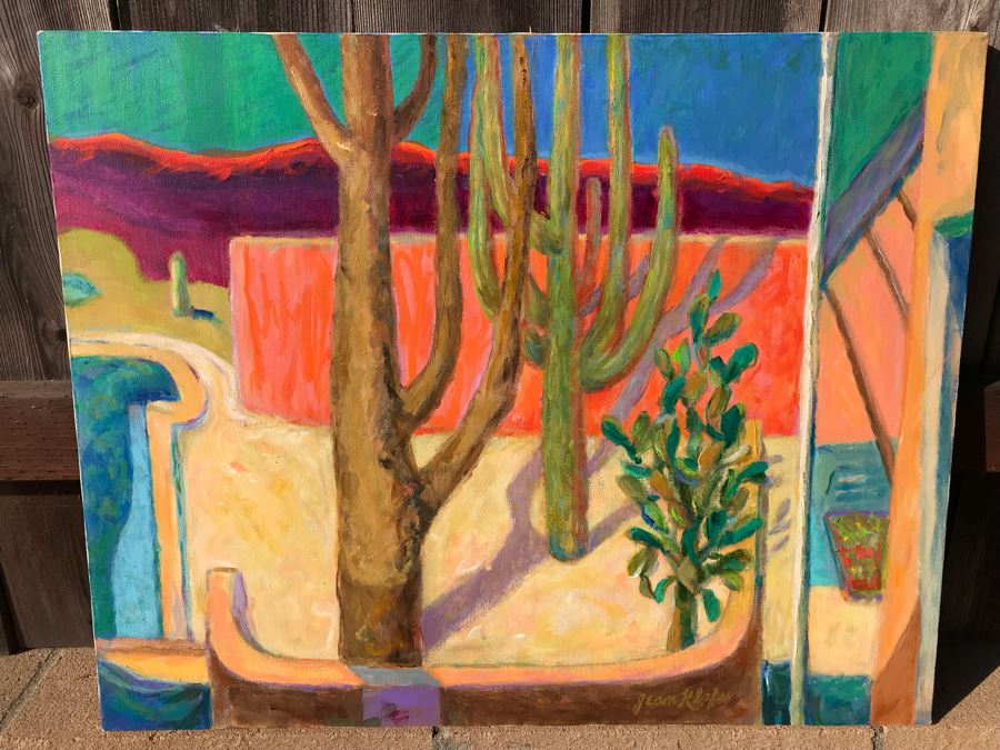Original Jean Klafs Abstract Expressionist Painting On Canvas Arizon Desert Poolside Landscape 24 X 30 [Photo 2]