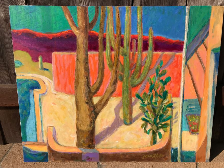 Original Jean Klafs Abstract Expressionist Painting On Canvas Arizon Desert Poolside Landscape 24 X 30 [Photo 1]