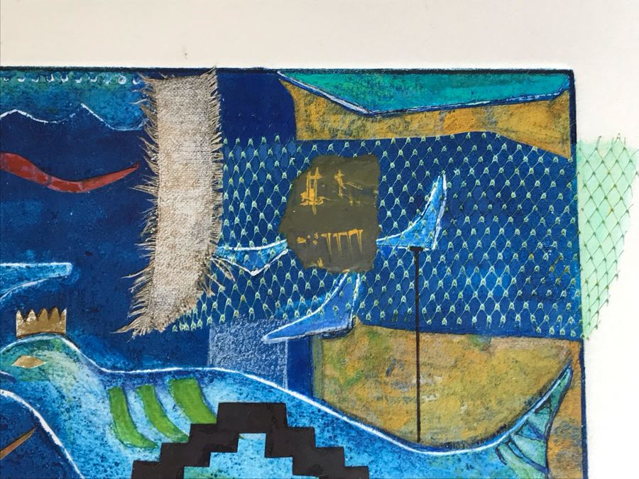 Original Jean Klafs Abstract Expressionist Framed Monotype On Paper Titled 'Blue Sea Urchin' 20 X 16 [Photo 6]