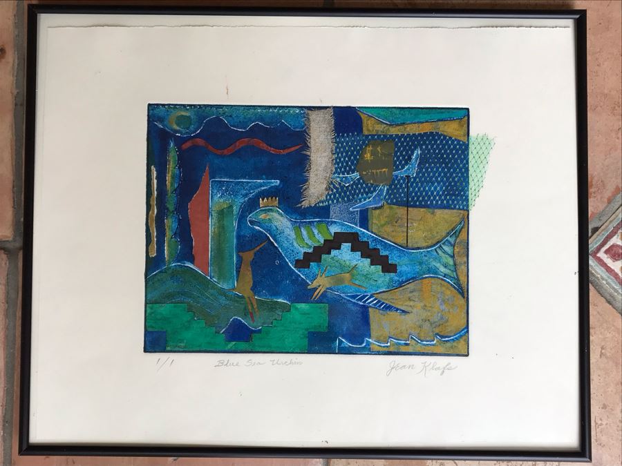 Original Jean Klafs Abstract Expressionist Framed Monotype On Paper Titled 'Blue Sea Urchin' 20 X 16 [Photo 2]