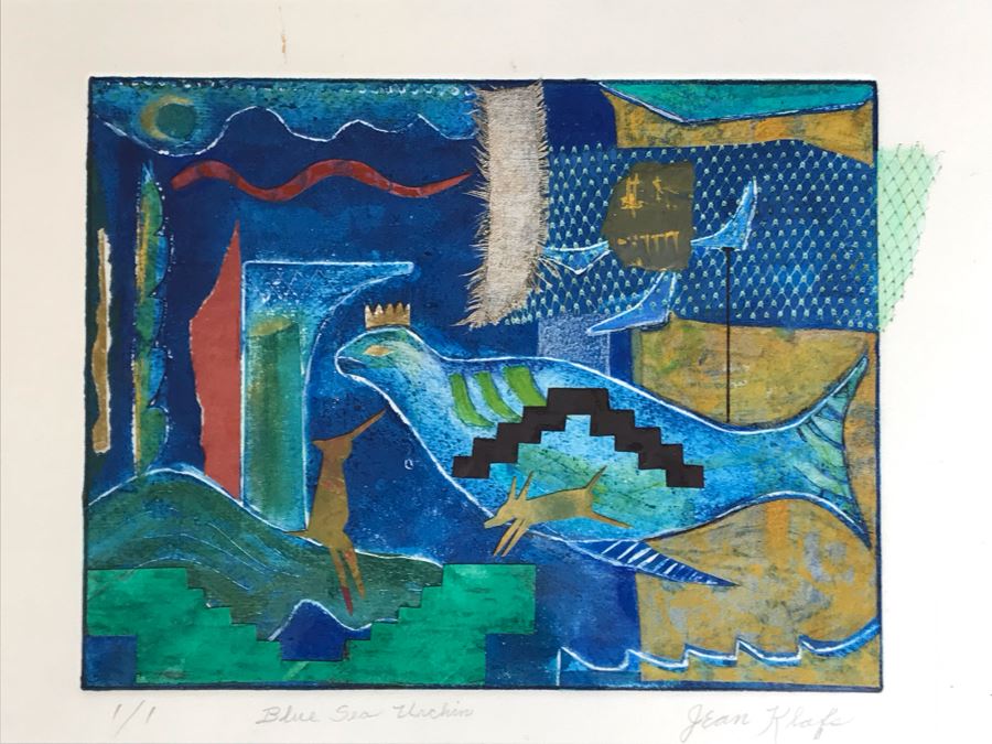 Original Jean Klafs Abstract Expressionist Framed Monotype On Paper Titled 'Blue Sea Urchin' 20 X 16 [Photo 3]