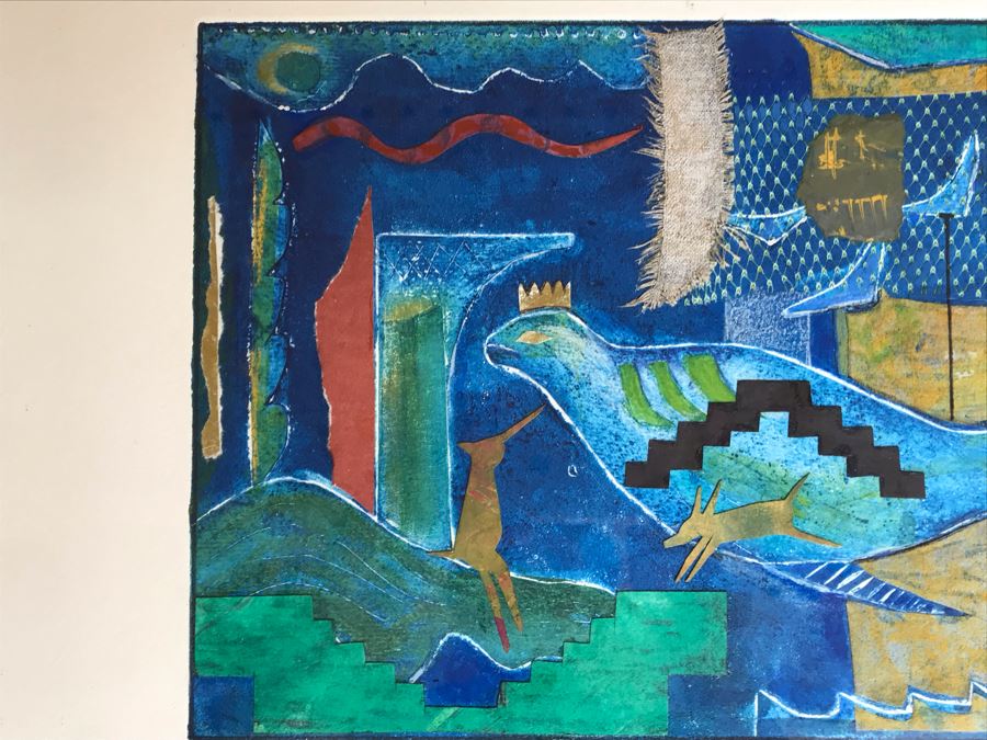 Original Jean Klafs Abstract Expressionist Framed Monotype On Paper Titled 'Blue Sea Urchin' 20 X 16 [Photo 10]