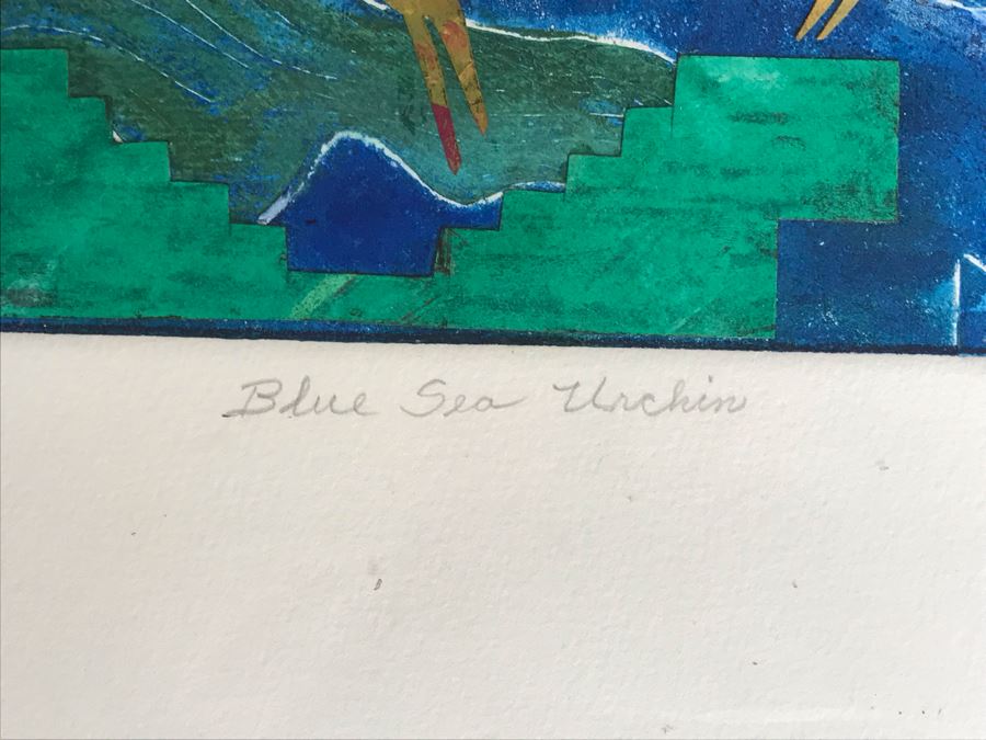 Original Jean Klafs Abstract Expressionist Framed Monotype On Paper Titled 'Blue Sea Urchin' 20 X 16 [Photo 9]