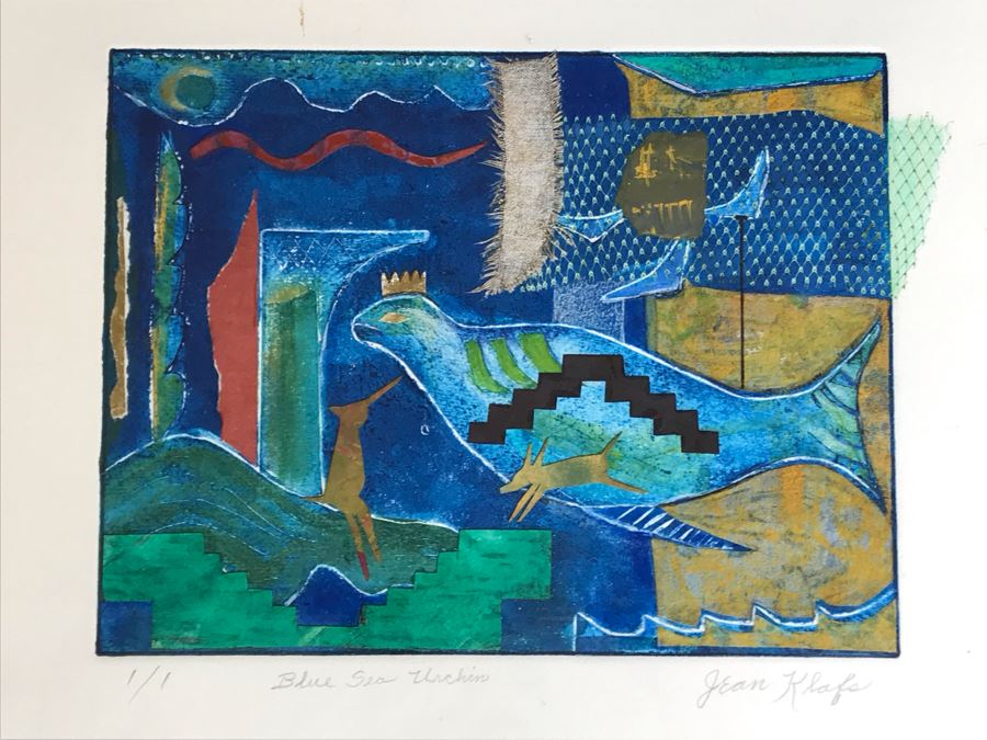 Original Jean Klafs Abstract Expressionist Framed Monotype On Paper Titled 'Blue Sea Urchin' 20 X 16 [Photo 4]