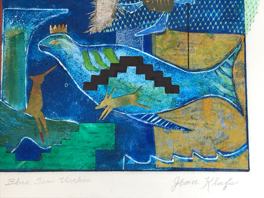 Original Jean Klafs Abstract Expressionist Framed Monotype On Paper Titled 'Blue Sea Urchin' 20 X 16 [Photo 5]