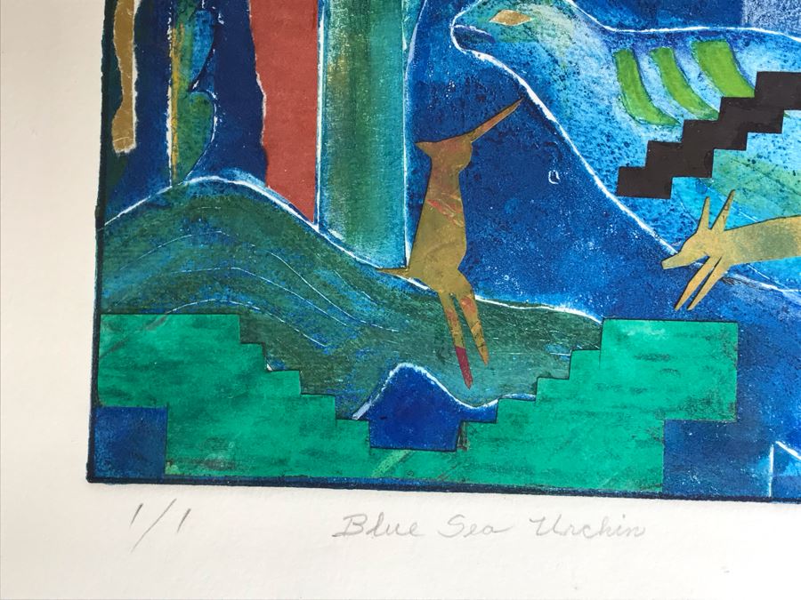 Original Jean Klafs Abstract Expressionist Framed Monotype On Paper Titled 'Blue Sea Urchin' 20 X 16 [Photo 8]